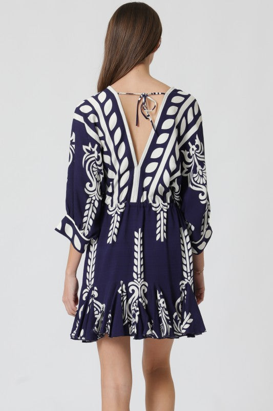 Justine 3/4 Dolman Sleeve Waist Tie Abstract Print Mini Dress Navy