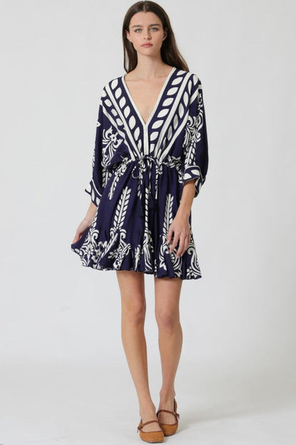 Justine 3/4 Dolman Sleeve Waist Tie Abstract Print Mini Dress Navy