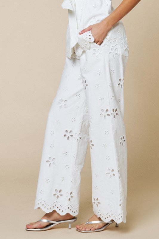 Laura High Waist Embroidered Eyelet Floral Wide Leg Pants White