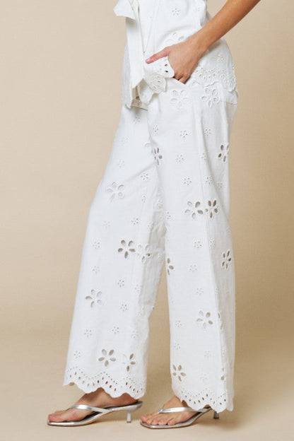 Laura High Waist Embroidered Eyelet Floral Wide Leg Pants White