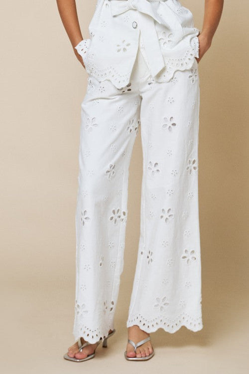 Laura High Waist Embroidered Eyelet Floral Wide Leg Pants White