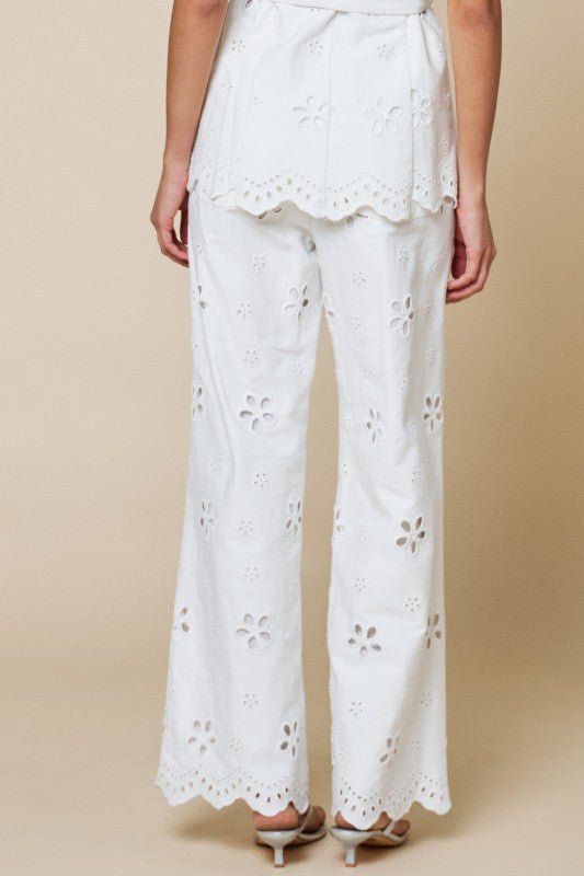 Laura High Waist Embroidered Eyelet Floral Wide Leg Pants White