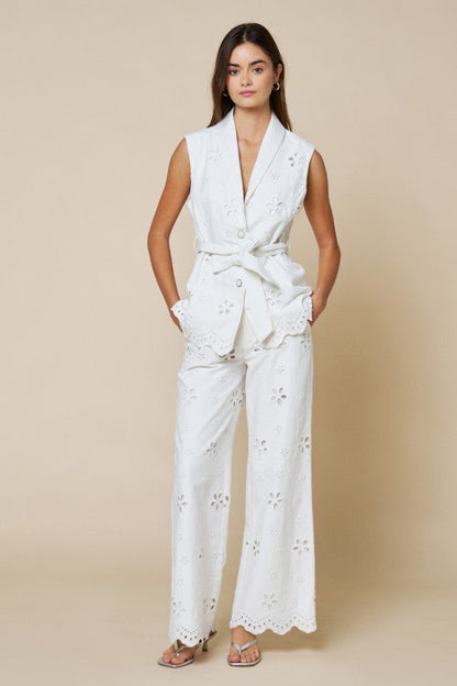 Laura High Waist Embroidered Eyelet Floral Wide Leg Pants White