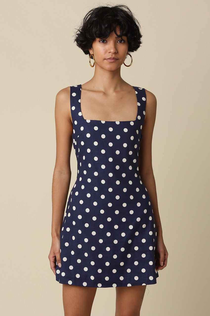 Jenna Sleeveless Polka Dot Print Linen Mini Dress Navy