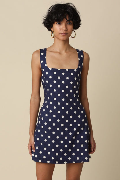 Jenna Sleeveless Polka Dot Print Linen Mini Dress Navy