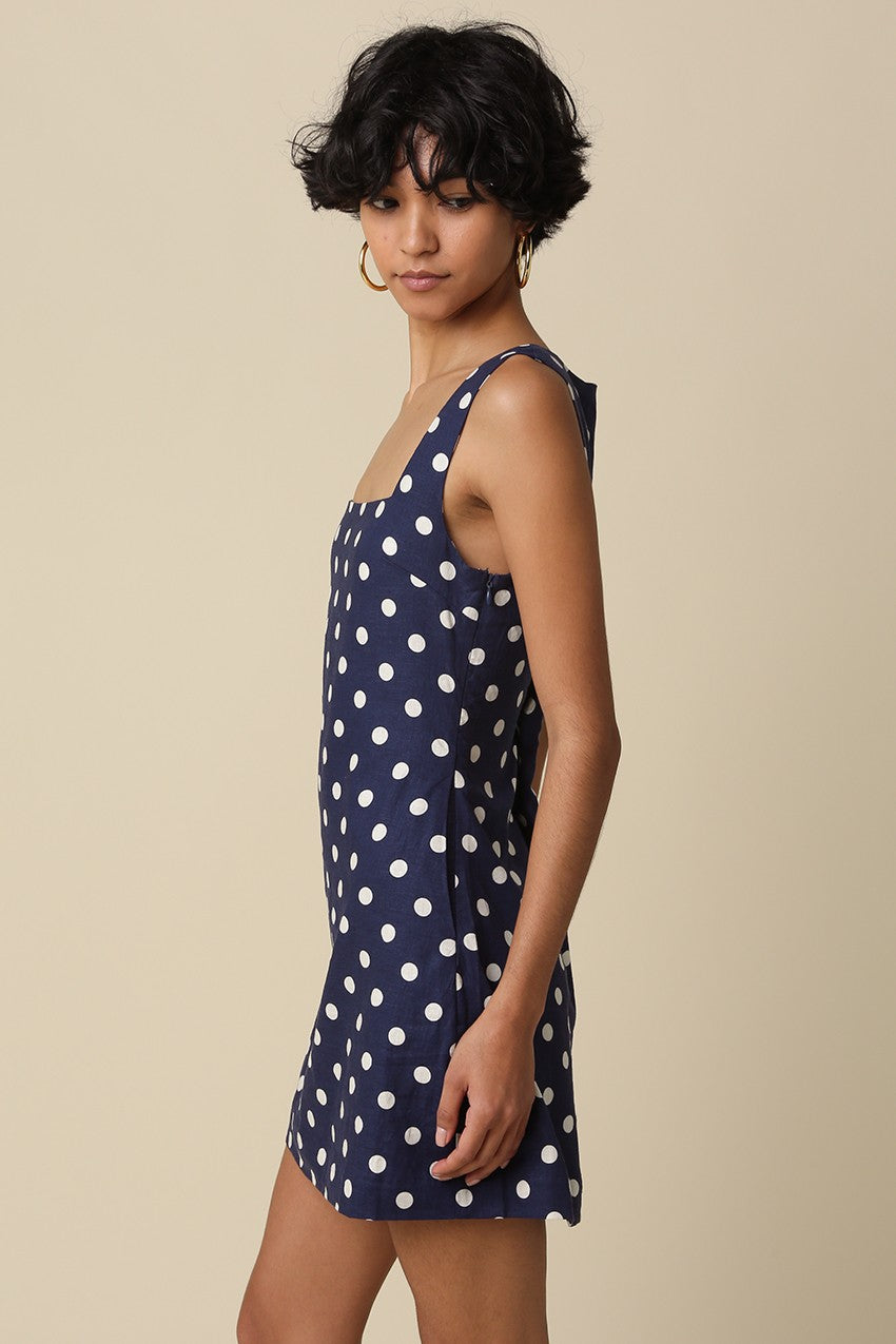 Jenna Sleeveless Polka Dot Print Linen Mini Dress Navy