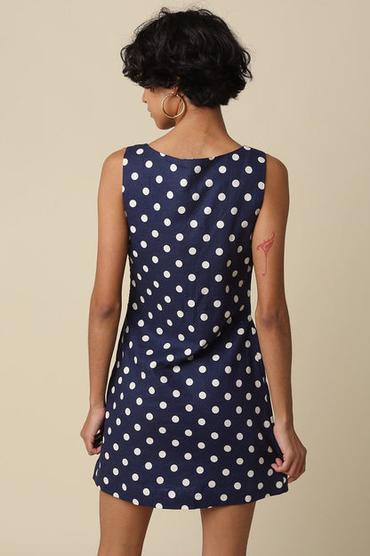 Jenna Sleeveless Polka Dot Print Linen Mini Dress Navy