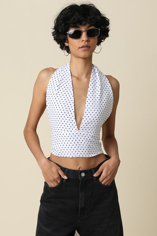 Aster Sleeveless Halter Open Back Polka Dot Print Top Ivory