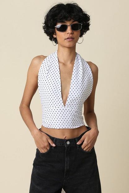 Aster Sleeveless Halter Open Back Polka Dot Print Top Ivory