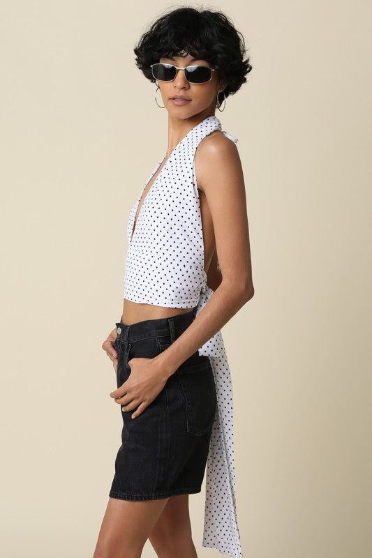 Aster Sleeveless Halter Open Back Polka Dot Print Top Ivory