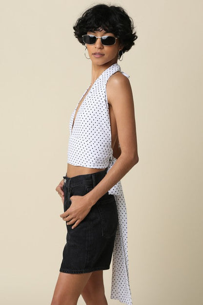 Aster Sleeveless Halter Open Back Polka Dot Print Top Ivory