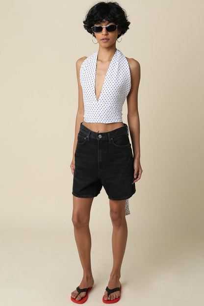 Aster Sleeveless Halter Open Back Polka Dot Print Top Ivory
