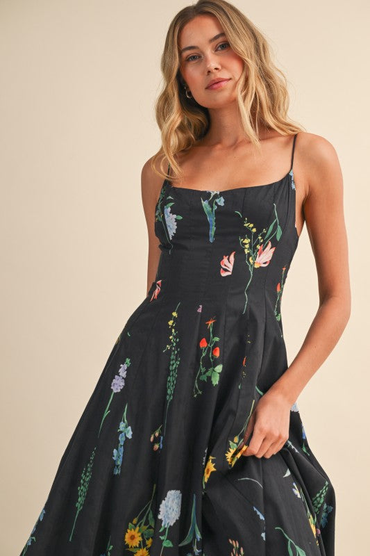 Waitlist 7/31 • Lucia Sleeveless A-Line Floral Print Midi Dress Black