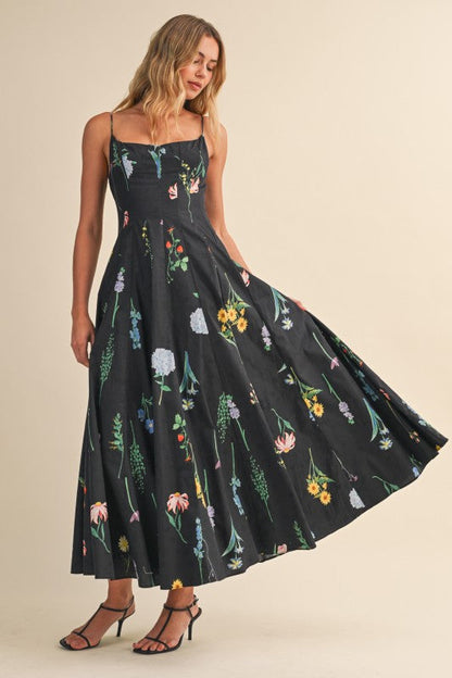 Waitlist 7/31 • Lucia Sleeveless A-Line Floral Print Midi Dress Black