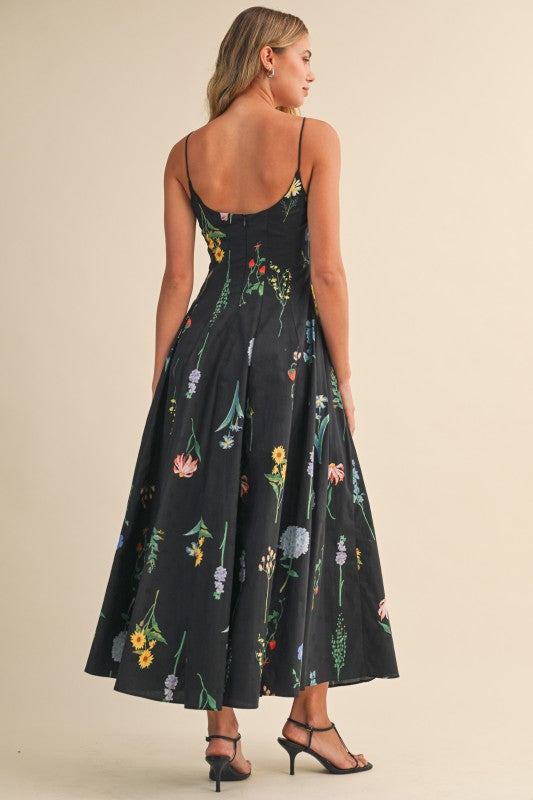 Waitlist 7/31 • Lucia Sleeveless A-Line Floral Print Midi Dress Black