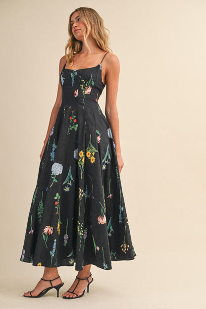 Waitlist 7/31 • Lucia Sleeveless A-Line Floral Print Midi Dress Black