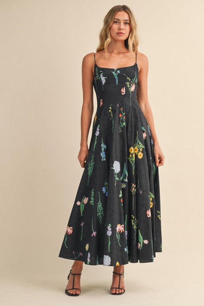 Waitlist 7/31 • Lucia Sleeveless A-Line Floral Print Midi Dress Black