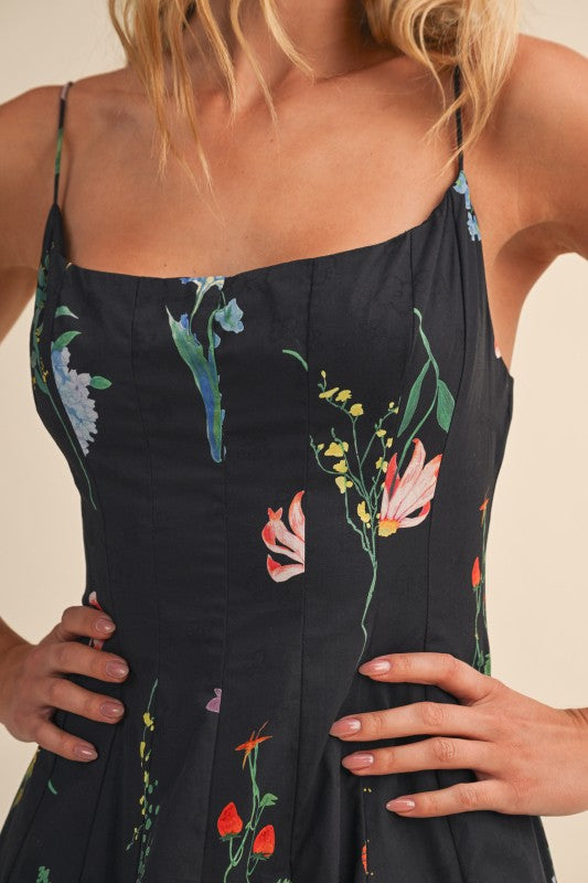 Waitlist 7/31 • Lucia Sleeveless A-Line Floral Print Midi Dress Black