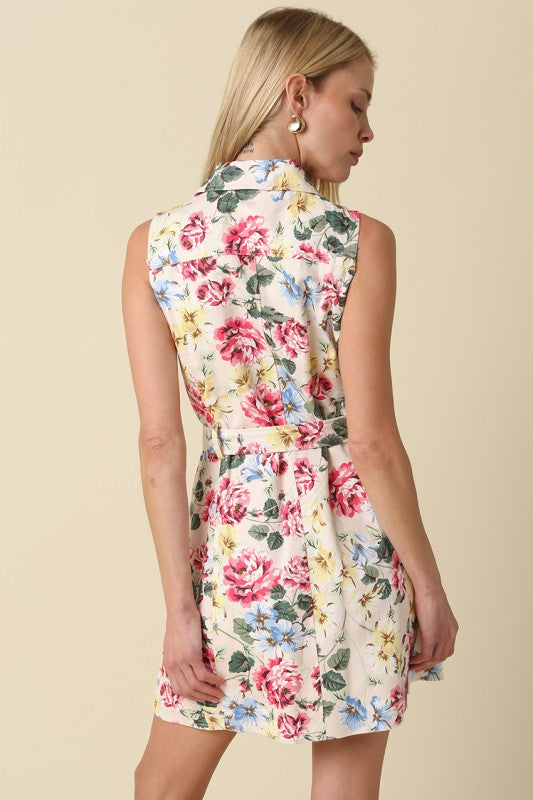 Cassie Sleeveless Belted Floral Print Mini Dress Red