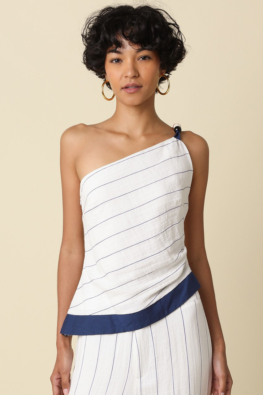 Shelly Sleeveless One Shoulder Stripe Print Top White