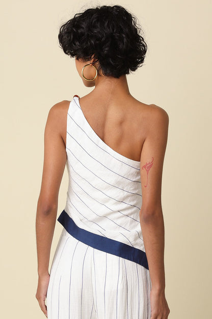 Shelly Sleeveless One Shoulder Stripe Print Top White