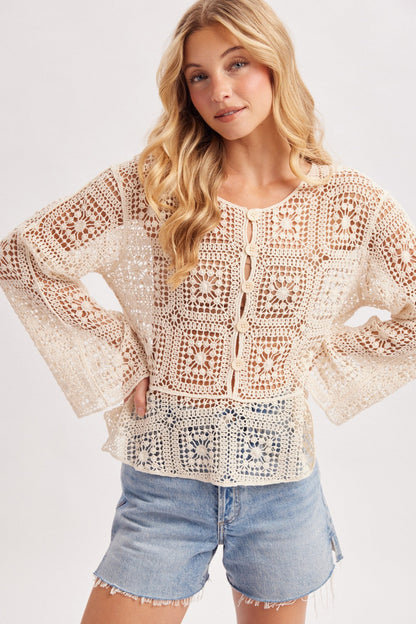Esme Long Sleeve Button Down Open Crochet Knit Peplum Top Natural