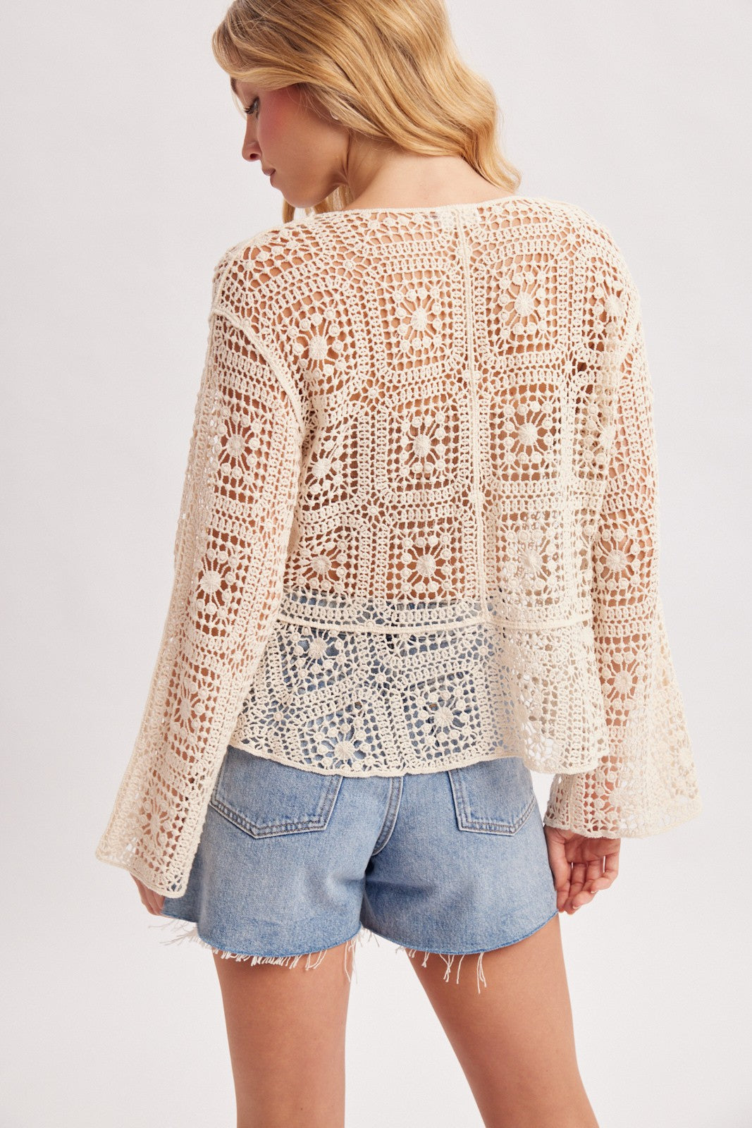 Esme Long Sleeve Button Down Open Crochet Knit Peplum Top Natural