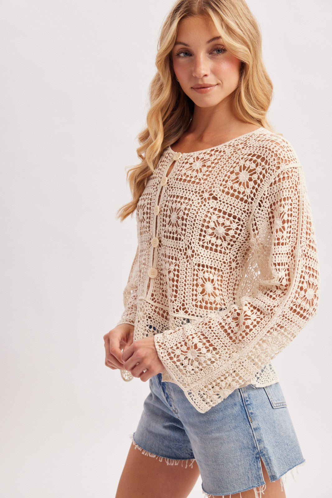 Esme Long Sleeve Button Down Open Crochet Knit Peplum Top Natural