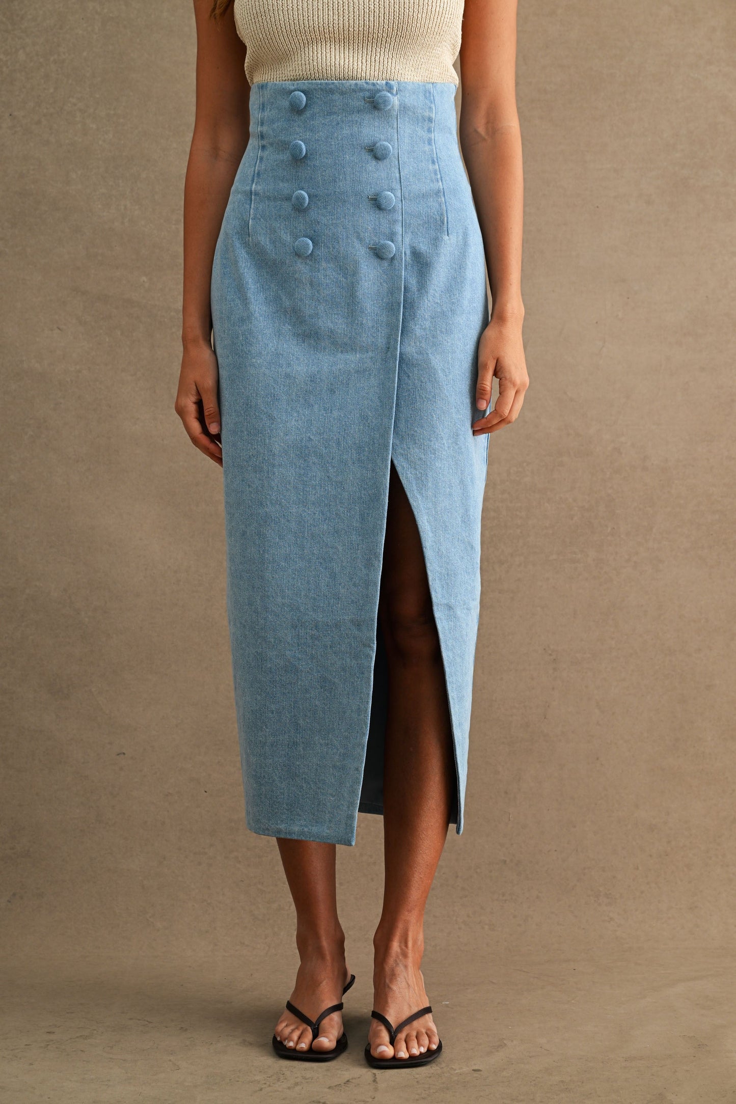 Pandora High Waist Double Breasted Denim Midi Skirt Medium Wash