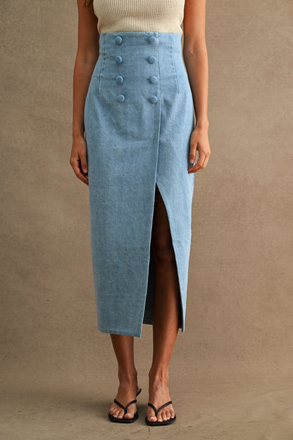 Pandora High Waist Double Breasted Denim Midi Skirt Medium Wash