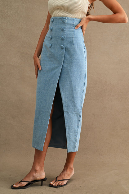 Pandora High Waist Double Breasted Denim Midi Skirt Medium Wash