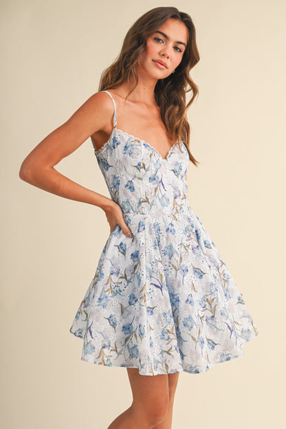 Daphne Sleeveless Eyelet Dreamy Floral Print Mini Dress Blue