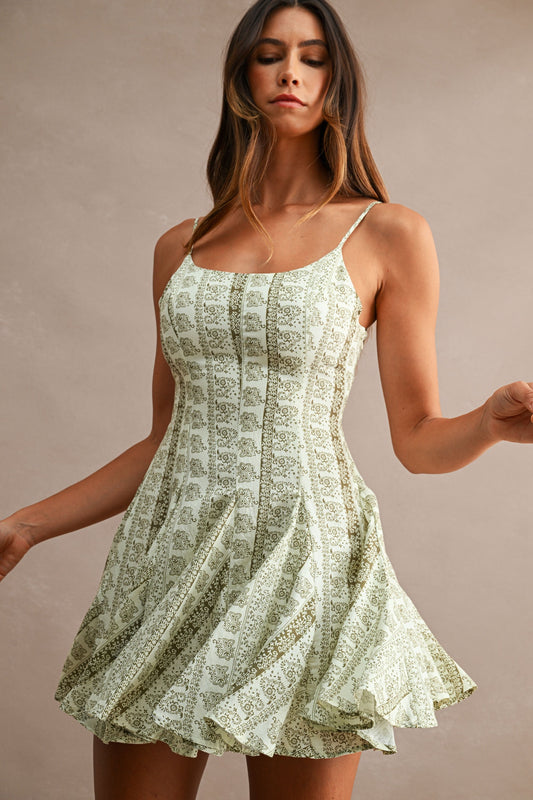 Hope Sleeveless Floral Paisley Print Mini Dress Green