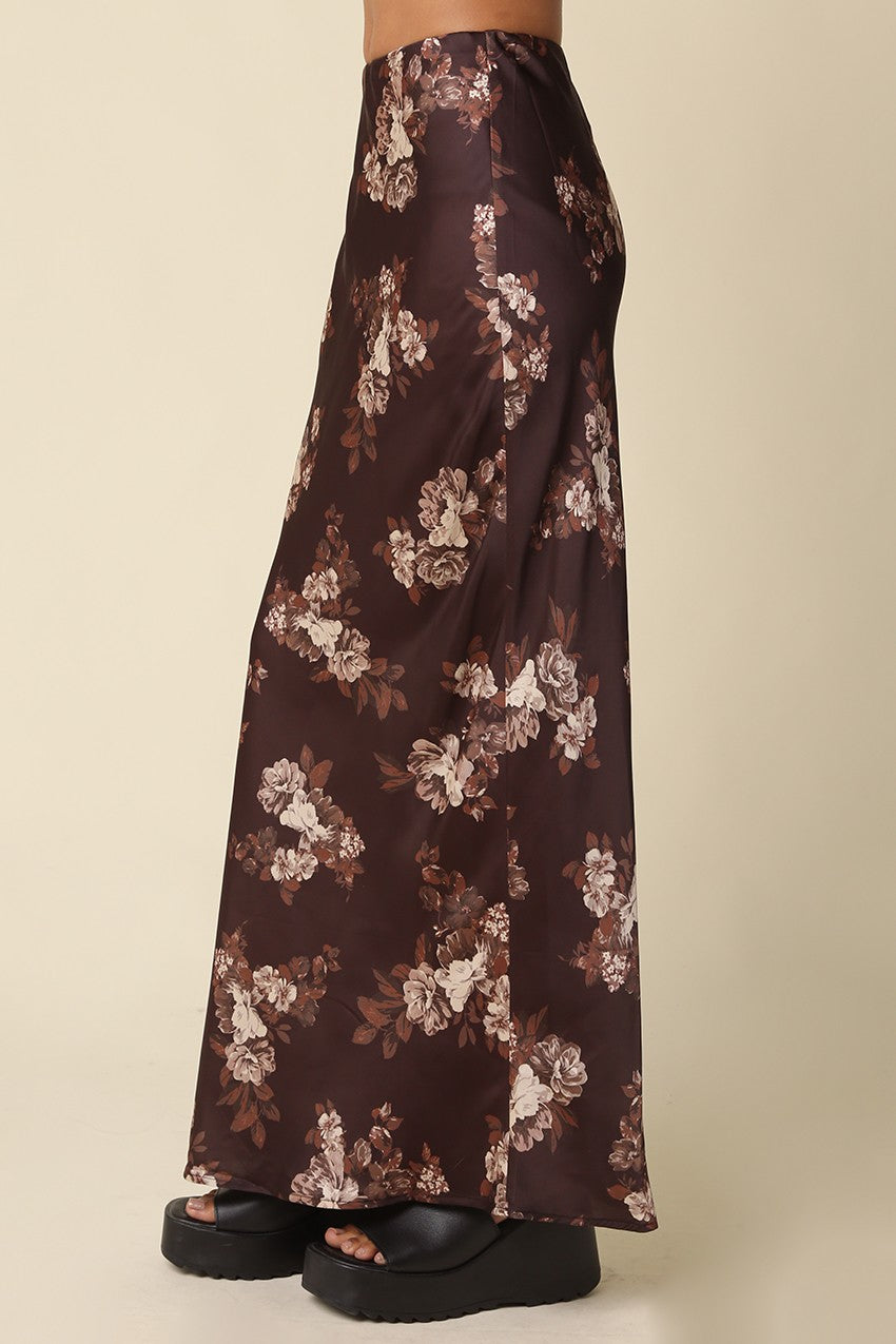Waitlist  8/20 • Bennett High Waist Pretty Fall Floral Print Satin Maxi Skirt Brown