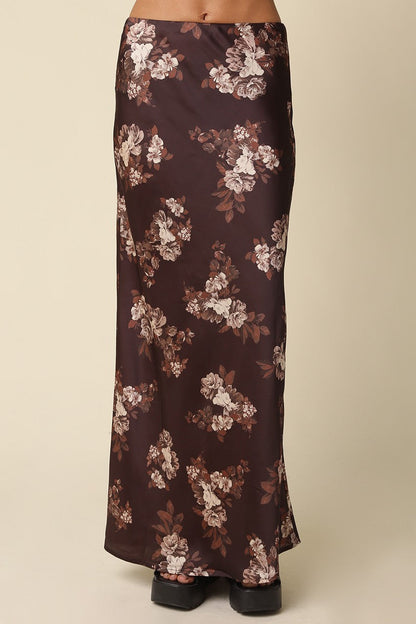 Waitlist  8/20 • Bennett High Waist Pretty Fall Floral Print Satin Maxi Skirt Brown