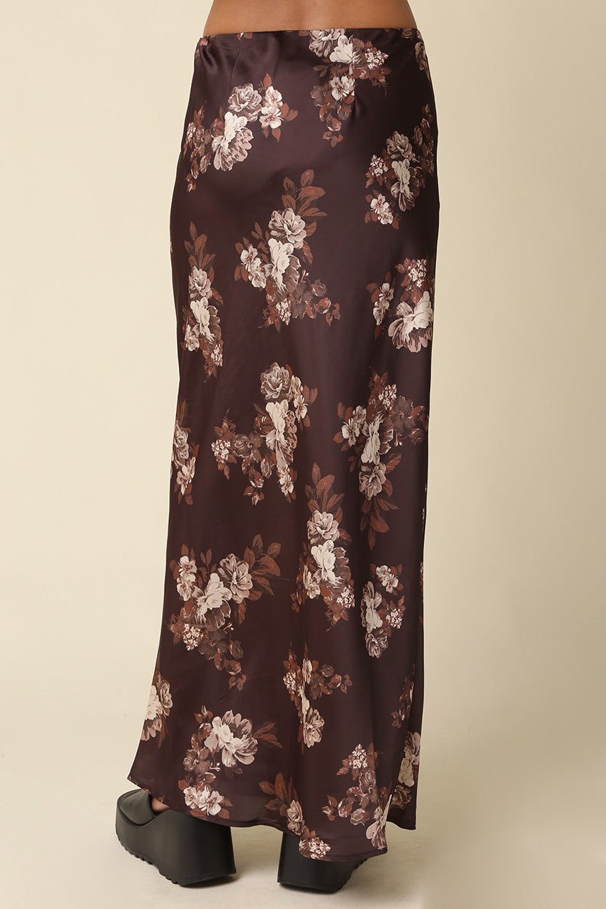 Waitlist  8/20 • Bennett High Waist Pretty Fall Floral Print Satin Maxi Skirt Brown