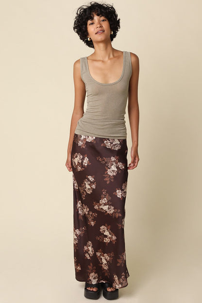 Waitlist  8/20 • Bennett High Waist Pretty Fall Floral Print Satin Maxi Skirt Brown