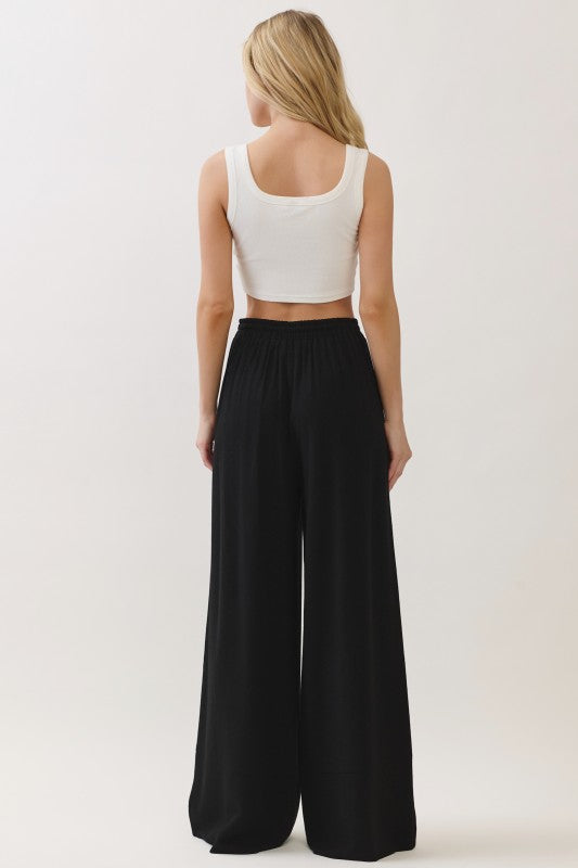 Paris Drawstring Linen Wide Leg Pants Black