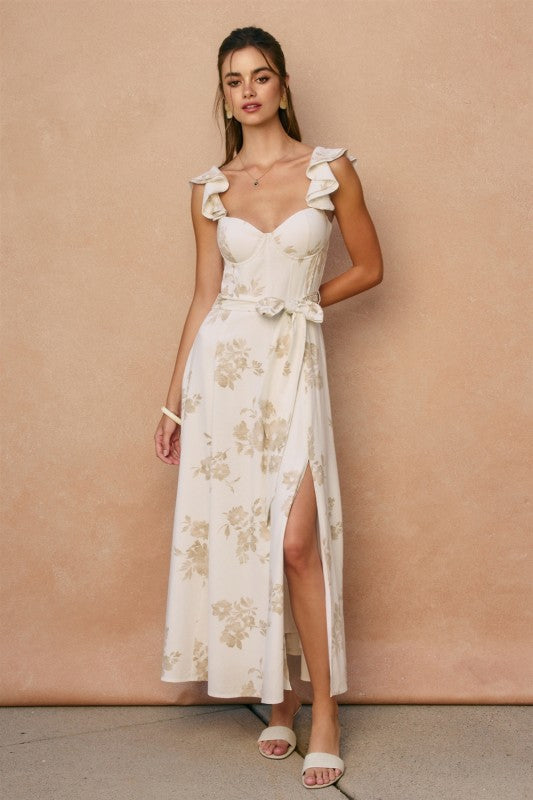 Lizette Flutter Sleeve Floral Print Waist Tie Maxi Dress White