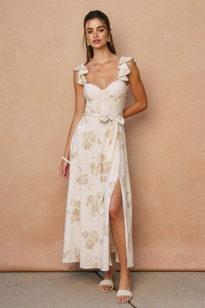 Lizette Flutter Sleeve Floral Print Waist Tie Maxi Dress White