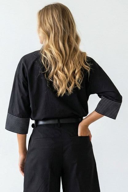 Briony 3/4 Sleeve Contrast Stitch Top Black
