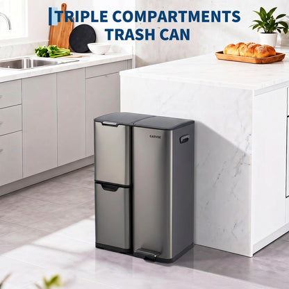 Garvee 16 gal 3 Compartment Trash Can, 3-in-1 Stainless Steel Garbage Can with Soft-Close Lid, Removable Inner Buckets