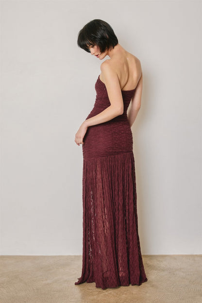 Waitlist 8/9 • Collins Sleeveless Ruched Lace Maxi Dress Burgundy