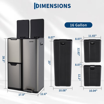 Garvee 16 gal 3 Compartment Trash Can, 3-in-1 Stainless Steel Garbage Can with Soft-Close Lid, Removable Inner Buckets