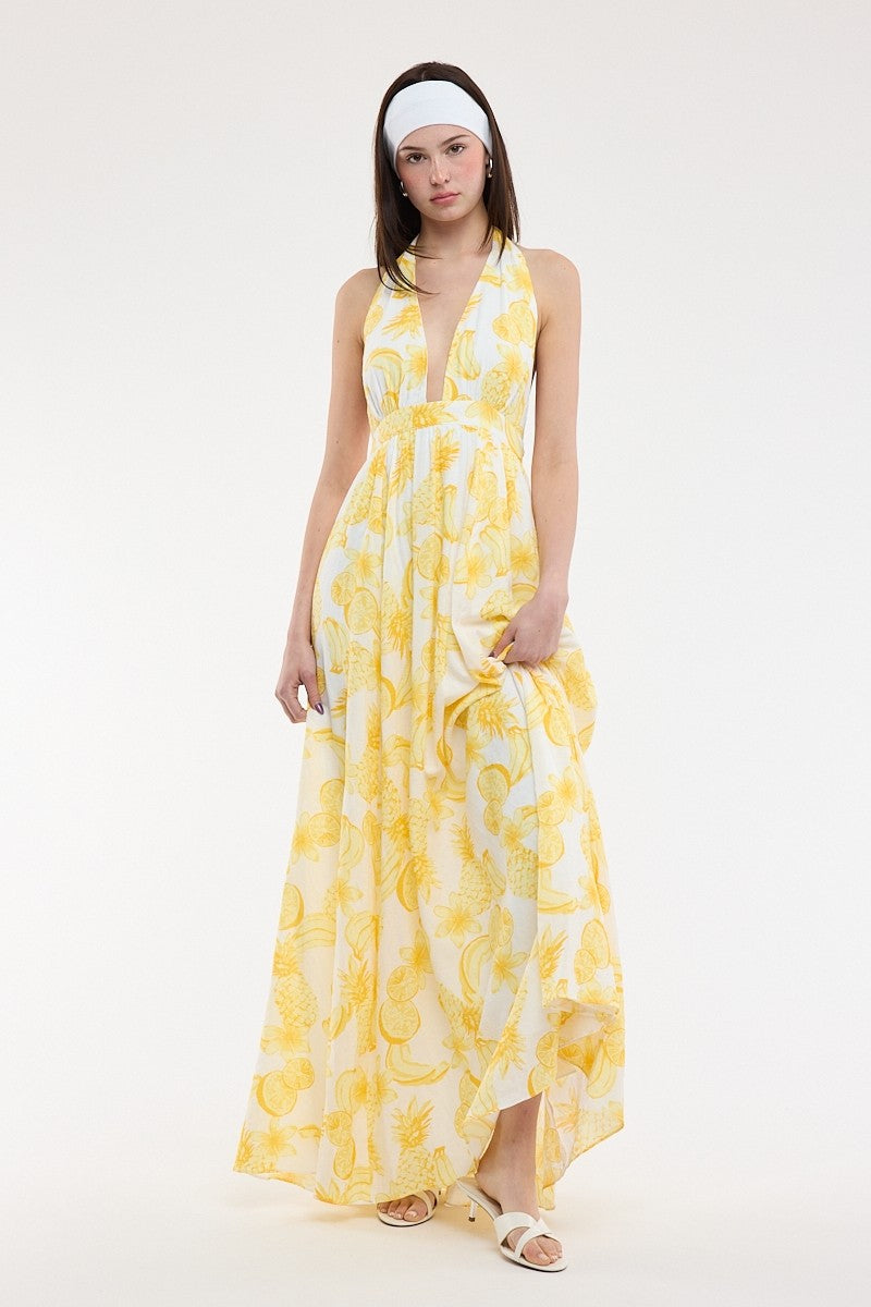 Yvette Sleeveless Halter Open Back Fruit Print Maxi Dress Yellow