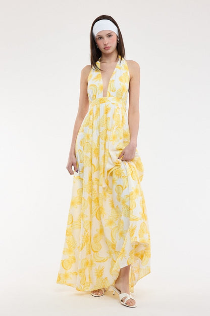 Yvette Sleeveless Halter Open Back Fruit Print Maxi Dress Yellow