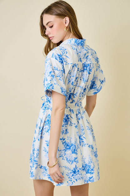 Sybil Short Sleeve Button Down Floral Print Mini Dress Blue