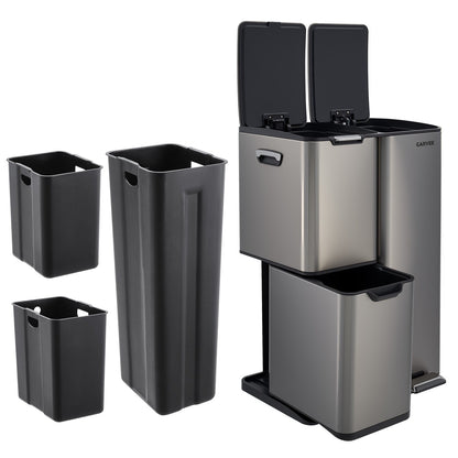Garvee 16 gal 3 Compartment Trash Can, 3-in-1 Stainless Steel Garbage Can with Soft-Close Lid, Removable Inner Buckets