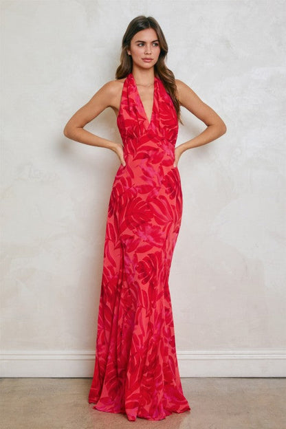 Liana Sleeveless Halter Open Back Floral Print Maxi Dress Red