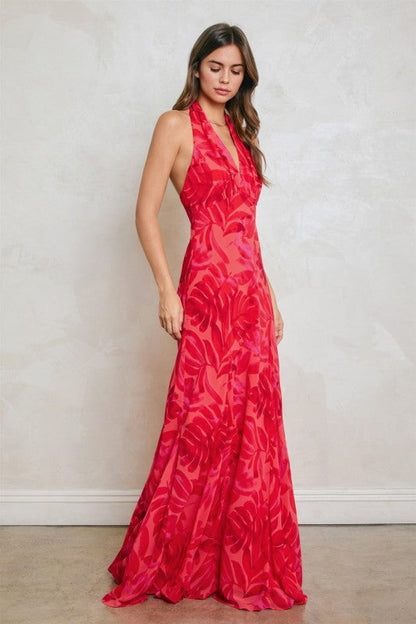 Liana Sleeveless Halter Open Back Floral Print Maxi Dress Red